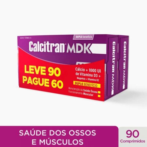 Calcitran MDK Cálcio com Magnésio, Vitamina D e K Leve 90 comprimidos, Pague 60 Comprimidos