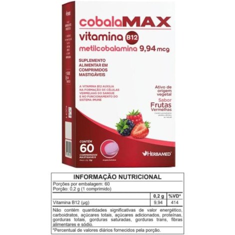 Vitamina B12 Cobalamax 60 Comprimidos Mastigáveis Herbamed Metilcobalamina Absorção 100%