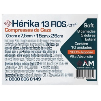 Compressa de Gaze Estéril America Medical Hérika 13 fios 7,5cm x 7,5cm