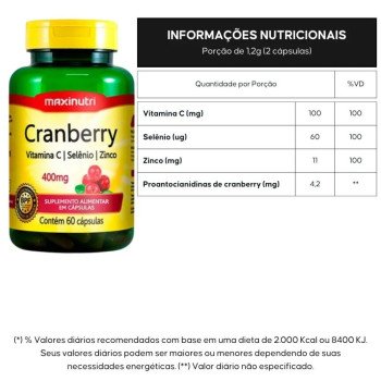 Cranberry Vitamina C Selênio e Zinco 400mg 60 cápsulas Maxinutri