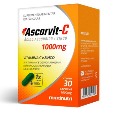 Ascorvit Vitamina C e Zinco 1000mg 30 Capsulas Maxinutri