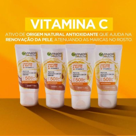 Protetor Solar Facial Hidratante Garnier Uniform & Matte Vitamina C FPS50 Negra 40g