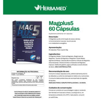 Mag Plus 5 60 Caps 550mg Magnésio Dimalato Quelato Herbamed Sabor Sem sabor