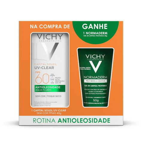  Kit Vichy Protetor Solar Facial Capital Soleil UV-Clear Antioleosidade FPS 60 Sem Cor 40g + Gel de Limpeza Facial Normaderm 50g