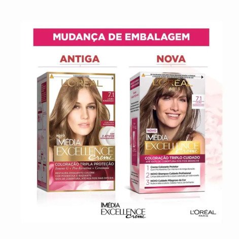 Tinta de Cabelo Permanente Imédia Excellence L'Oréal Paris Creme - 7.1 Louro Acinzentado