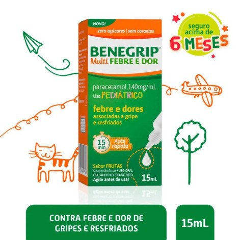 Benegrip Multi Febre e Dor Pediátrico Paracetamol 140mg/ml Frutas Suspensão Gotas 15ml