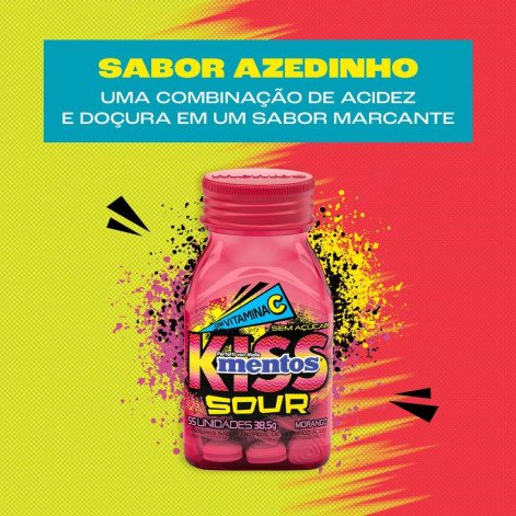 Pastilhas Mentos Kiss Sour Sem Açúcar - Sabor de Morango Ácido - 38,5g com 55 Unidades