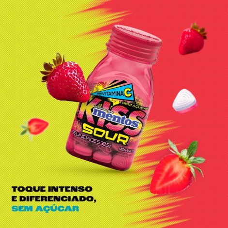 Pastilhas Mentos Kiss Sour Sem Açúcar - Sabor de Morango Ácido - 38,5g com 55 Unidades