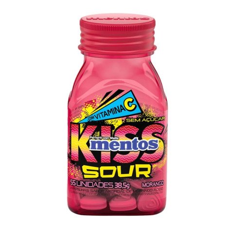 Pastilhas Mentos Kiss Sour Sem Açúcar - Sabor de Morango Ácido - 38,5g com 55 Unidades