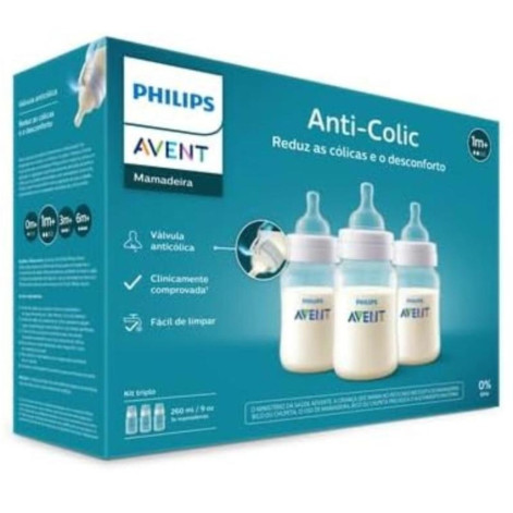 Kit Mamadeira Triplo Anti-Cólicas Transparente 260ml Philips Avent