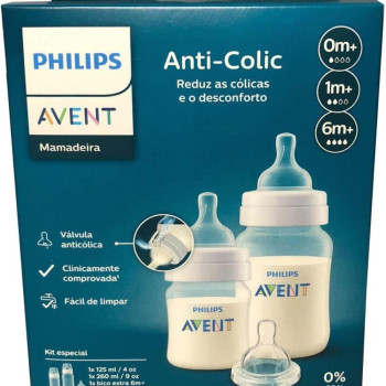 Kit Duplo Mamadeira Anti-Colic Philips Avent Transparente 125ml + 260ml + Bico extra 6m+