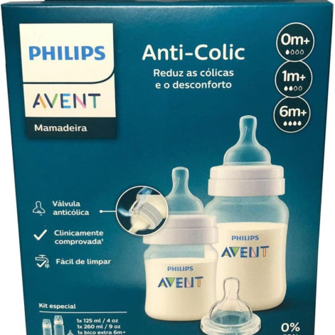 Kit Duplo Mamadeira Anti-Colic Philips Avent Transparente 125ml + 260ml + Bico extra 6m+