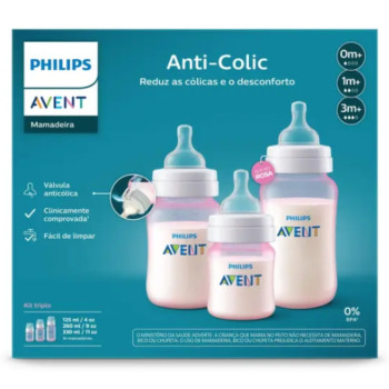 Kit 3 Mamadeiras Anti-colic Rosa 125ml 260ml 330m Philips Avent