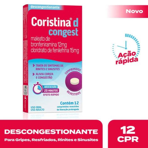 Coristina D Congest Maleato de Bronfeniramina 12mg + Cloridrato de Filefrina 15mg 12 Comprimidos