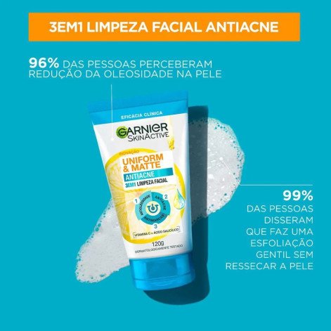 Esfoliante Garnier Uniform & Matte Antiacne 3 em 1 Limpeza Facial 120g