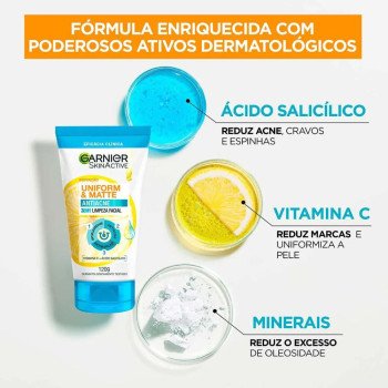 Esfoliante Garnier Uniform & Matte Antiacne 3 em 1 Limpeza Facial 120g