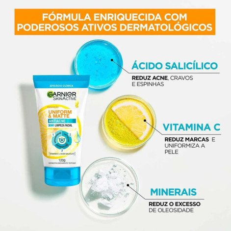 Esfoliante Garnier Uniform & Matte Antiacne 3 em 1 Limpeza Facial 120g