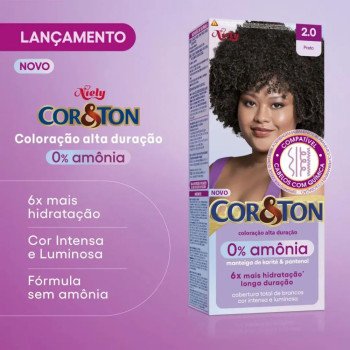 Tinta de Cabelo Permanente Cor&Ton Niely 0% Amônia - 2.0 Preto