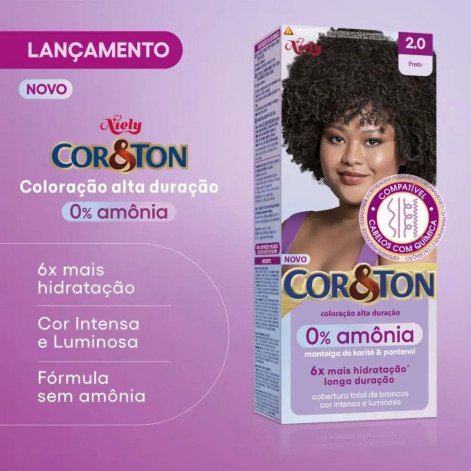 Tinta de Cabelo Permanente Cor&Ton Niely 0% Amônia - 2.0 Preto