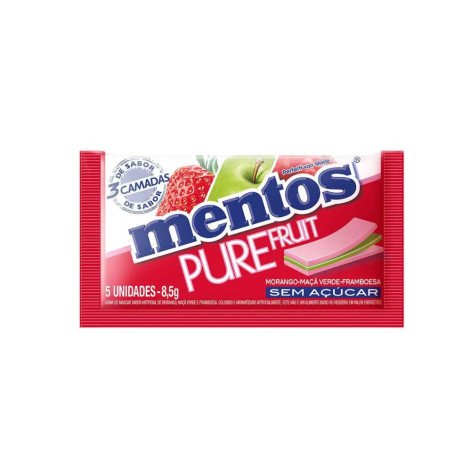 Mentos Pure Fruit Chiclete Sem Açúcar Sabor Morango Maçã Verde e Framboesa com 5 unidades