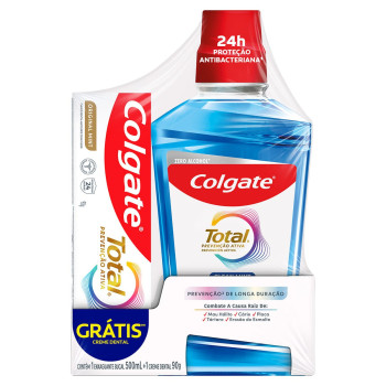 Kit Colgate Creme Dental Total Prevenção Ativa Original Mint 90g + Enxaguante Bucal Clean Mint 500ml