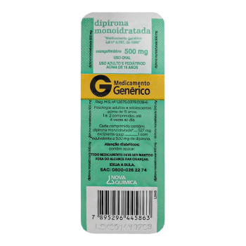 Genérico Dipirona 500Mg C/10 Comp Nova Quimica
