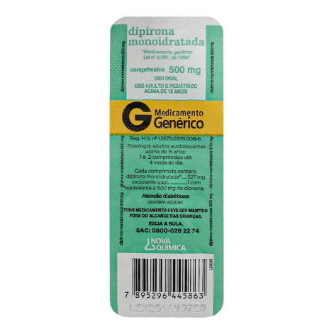 Genérico Dipirona 500Mg C/10 Comp Nova Quimica