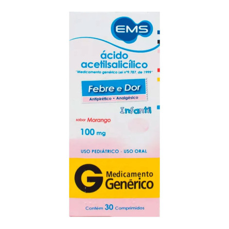 Ácido Acetilsalicílico 100mg Infantil Sabor Morango 30 comprimidos EMS Genérico