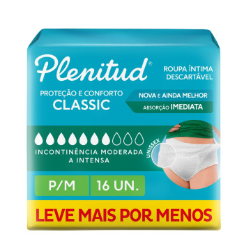 Roupa Íntima Descartável Plenitud Classic para Incontinência P/M 16 Unidades
