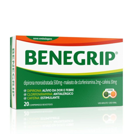 Benegrip Dipirona Monoidratada 500mg + Maleato de Clorfeniramina 2mg + Cafeína 30mg 20 comprimidos