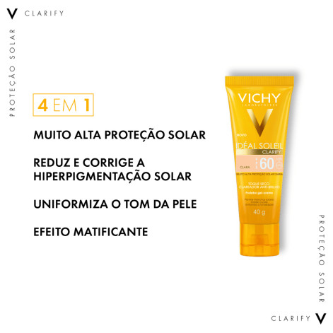 Protetor Solar Facial Vichy Idéal Soleil Clarify FPS 60 Clara Proteção e Uniformização para Tom Claro 40g