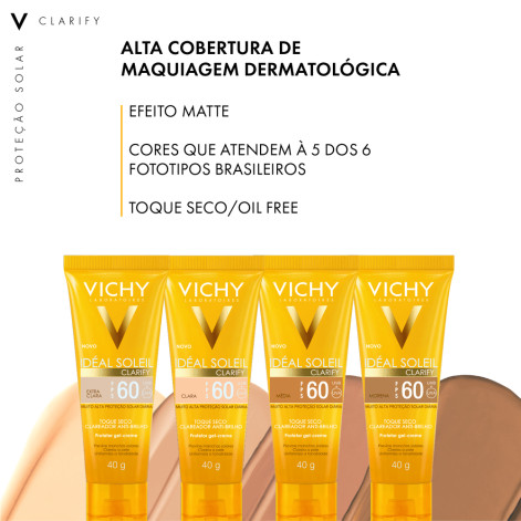 Protetor Solar Facial Vichy Idéal Soleil Clarify FPS 60 Clara Proteção e Uniformização para Tom Claro 40g